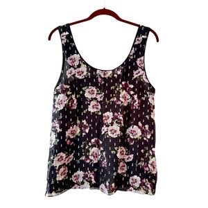 Massimo Dutti Fil Coupe Floral Print Silk Top Tank Blouse Black Size 10